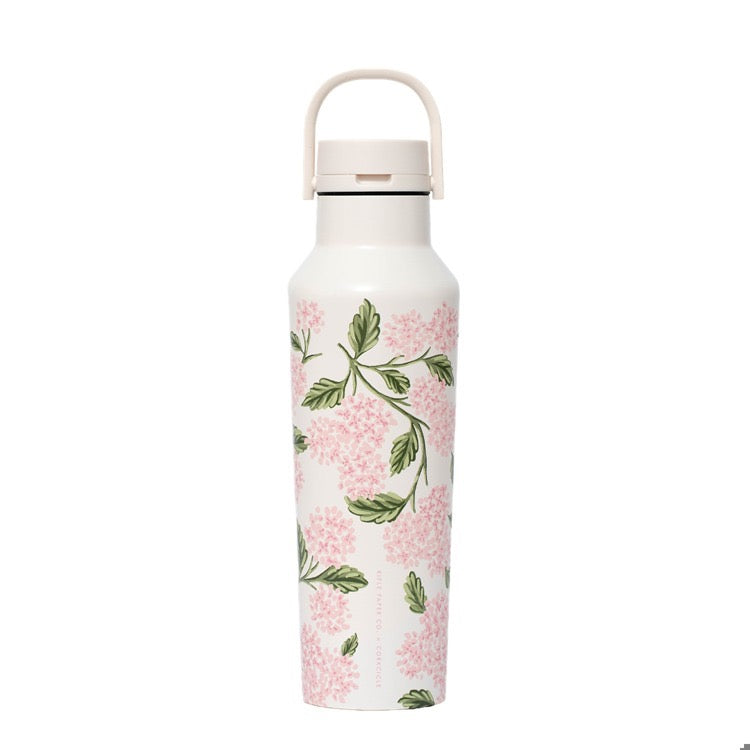 Floral-patterned water bottle on a white background