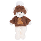 Plush teddy bear wearing a brown sweater with a teddy bear design and a matching hat on a white background