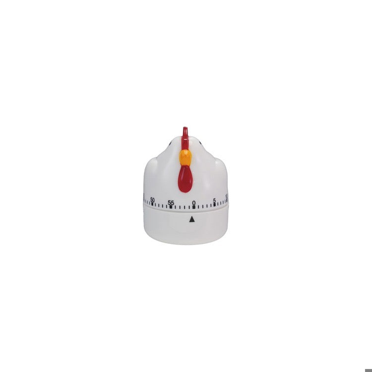 White kitchen timer with red and yellow accents on a white background