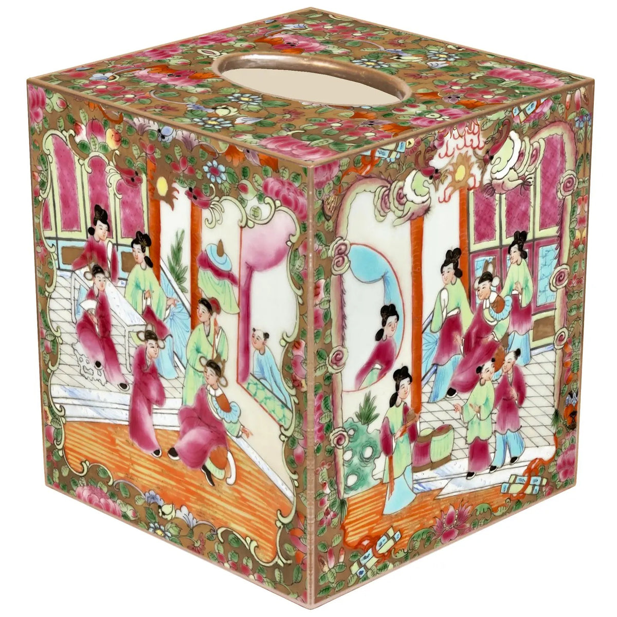 Decorative tissue box cover with traditional design featuring people and architecture.