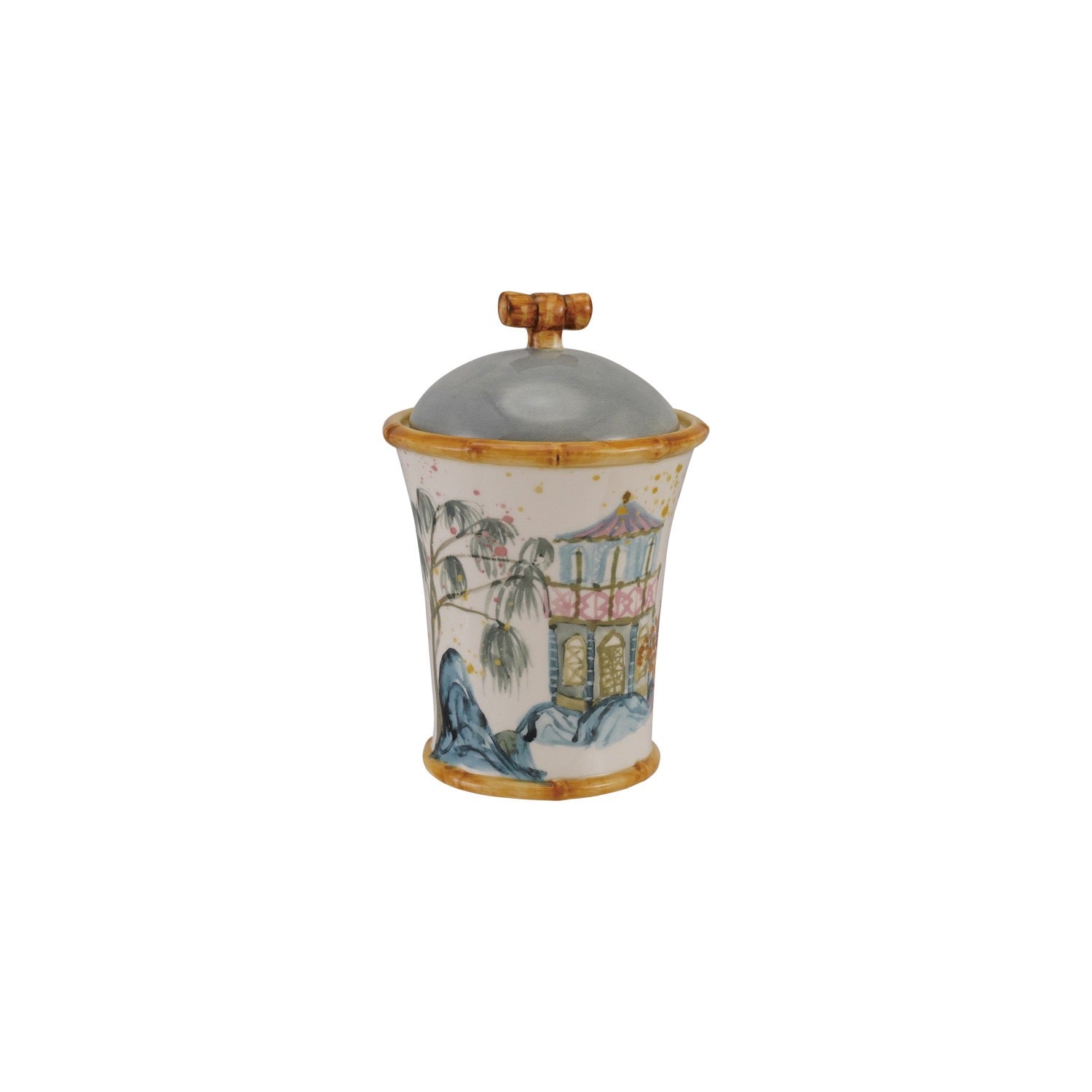 Decorative ceramic jar with lid on a white background