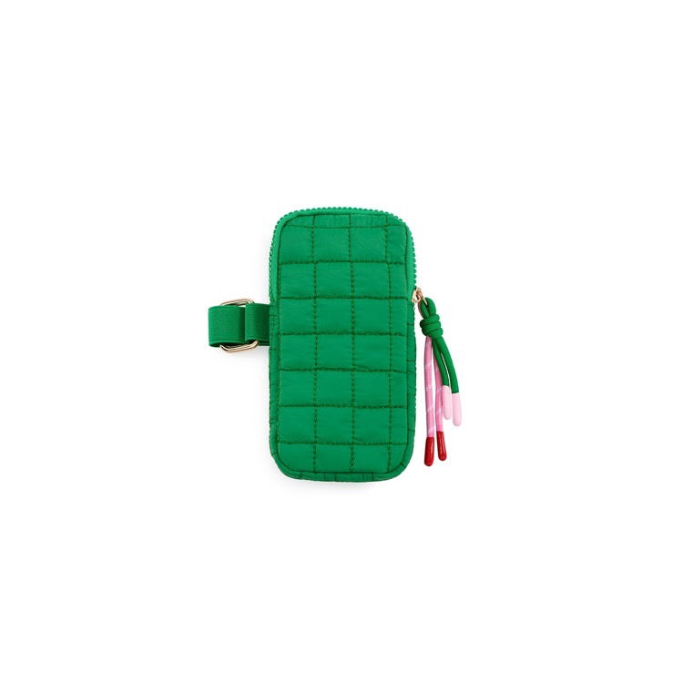 Green quilted phone case with colorful tassels on a white background