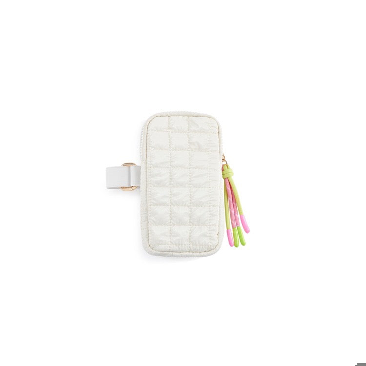 White phone case with colorful tassels on a white background