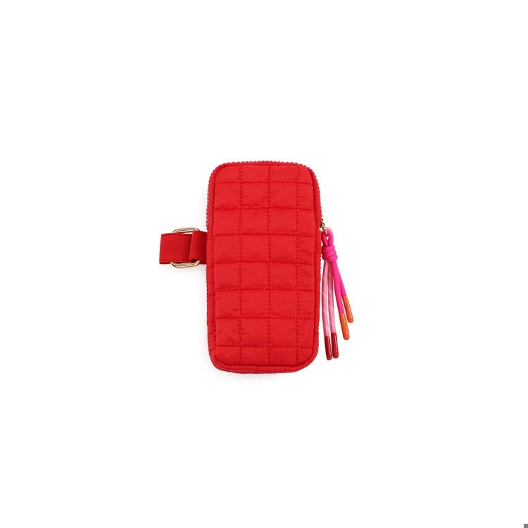Red quilted phone case with a strap on a white background