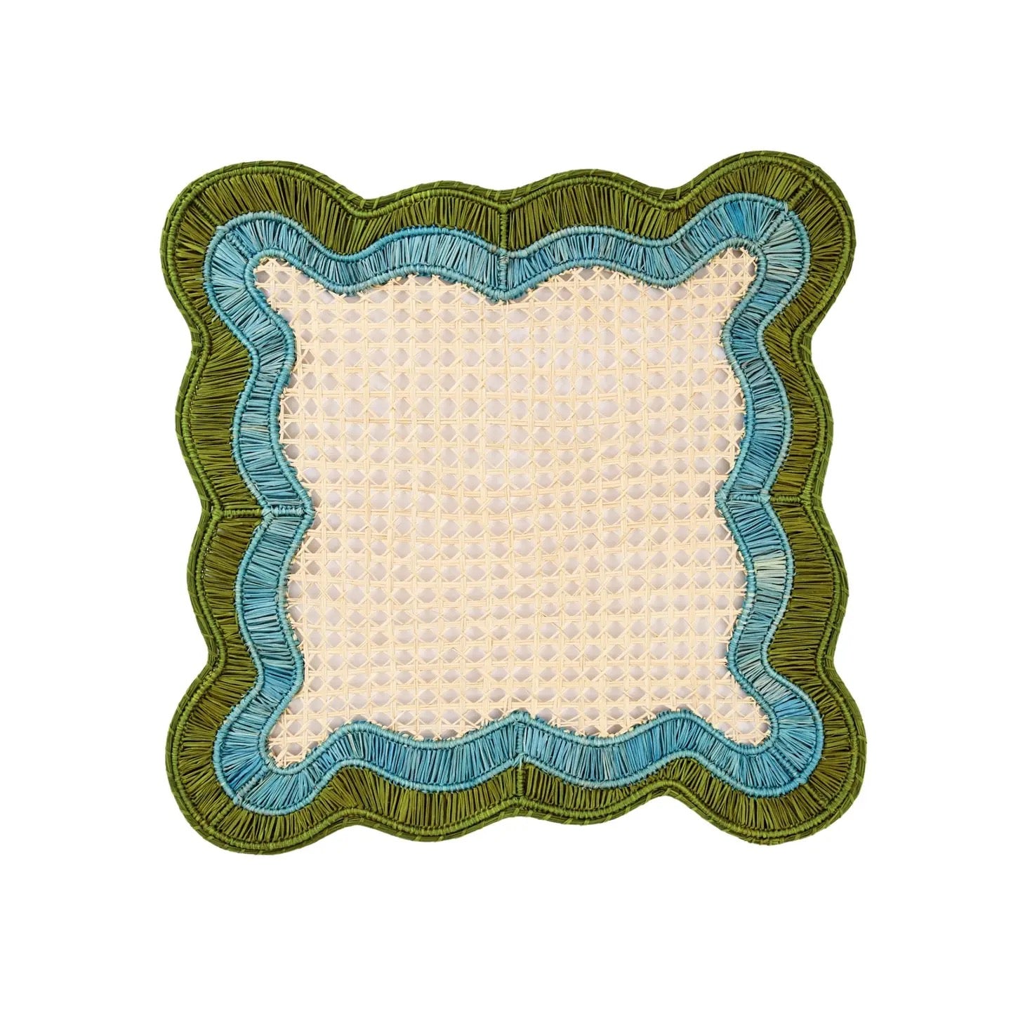 Decorative square mat with wavy green and blue border on a white background