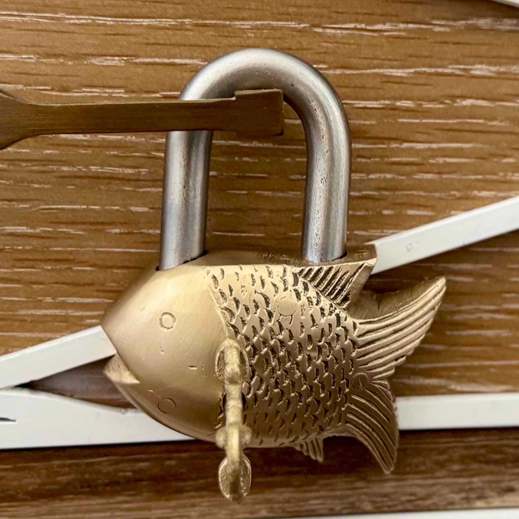 Brass fish-shaped padlock on a wooden surface