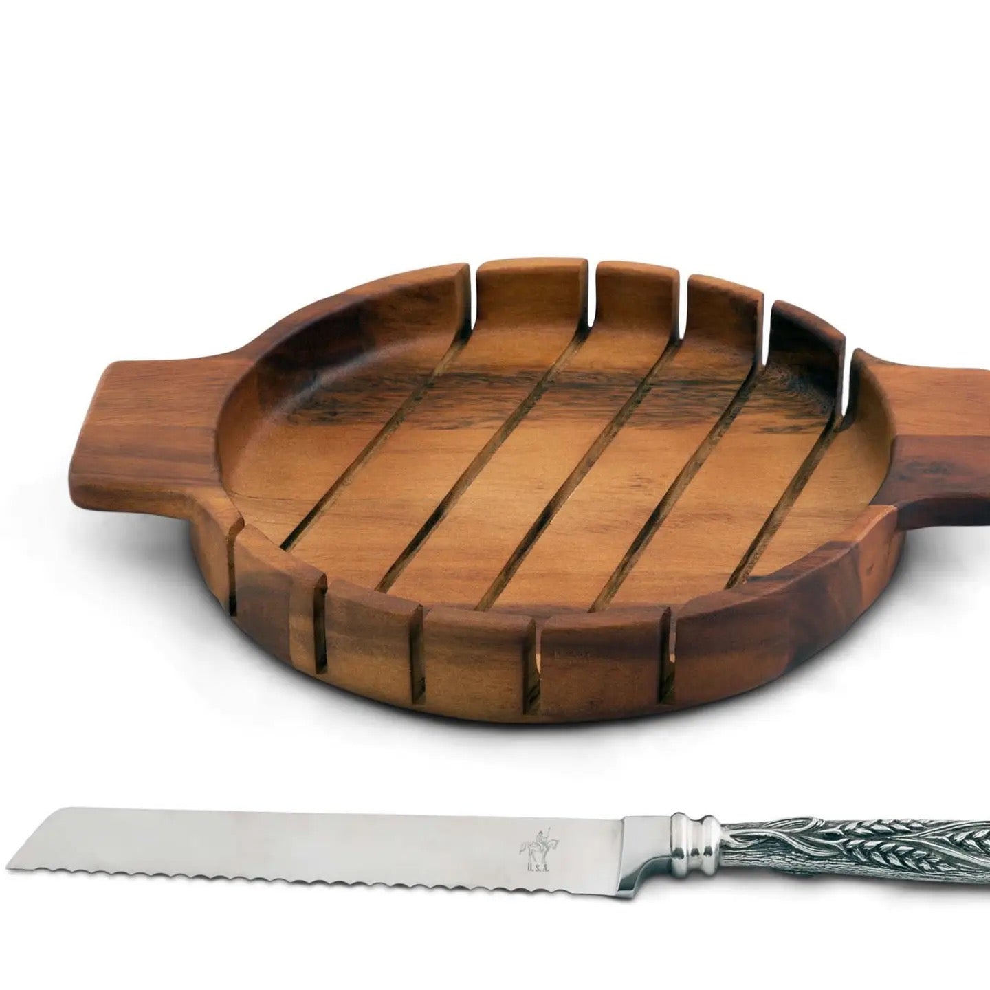 Wooden bread board with handles and a bread knife on a white background