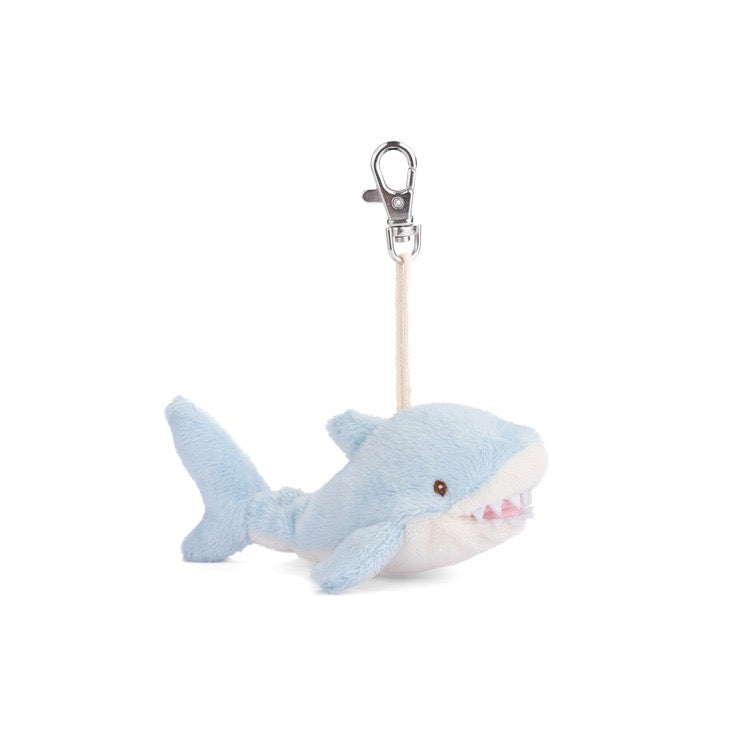 Plush shark keychain on a white background