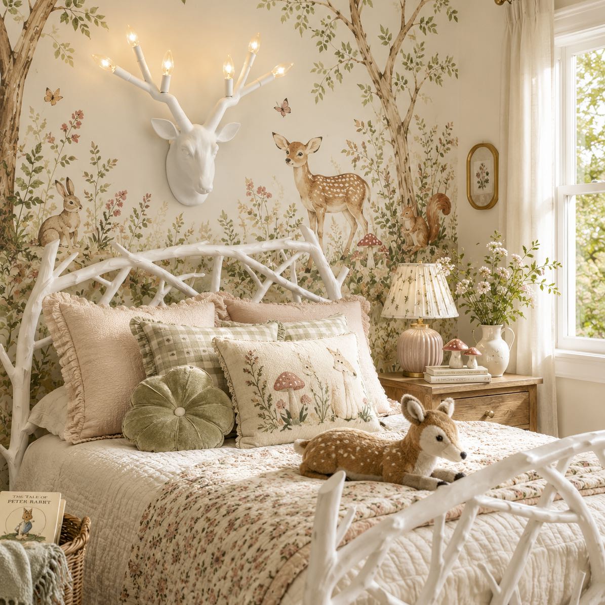 Decorative bedroom with floral wallpaper, deer head mount, and bed with patterned bedding.