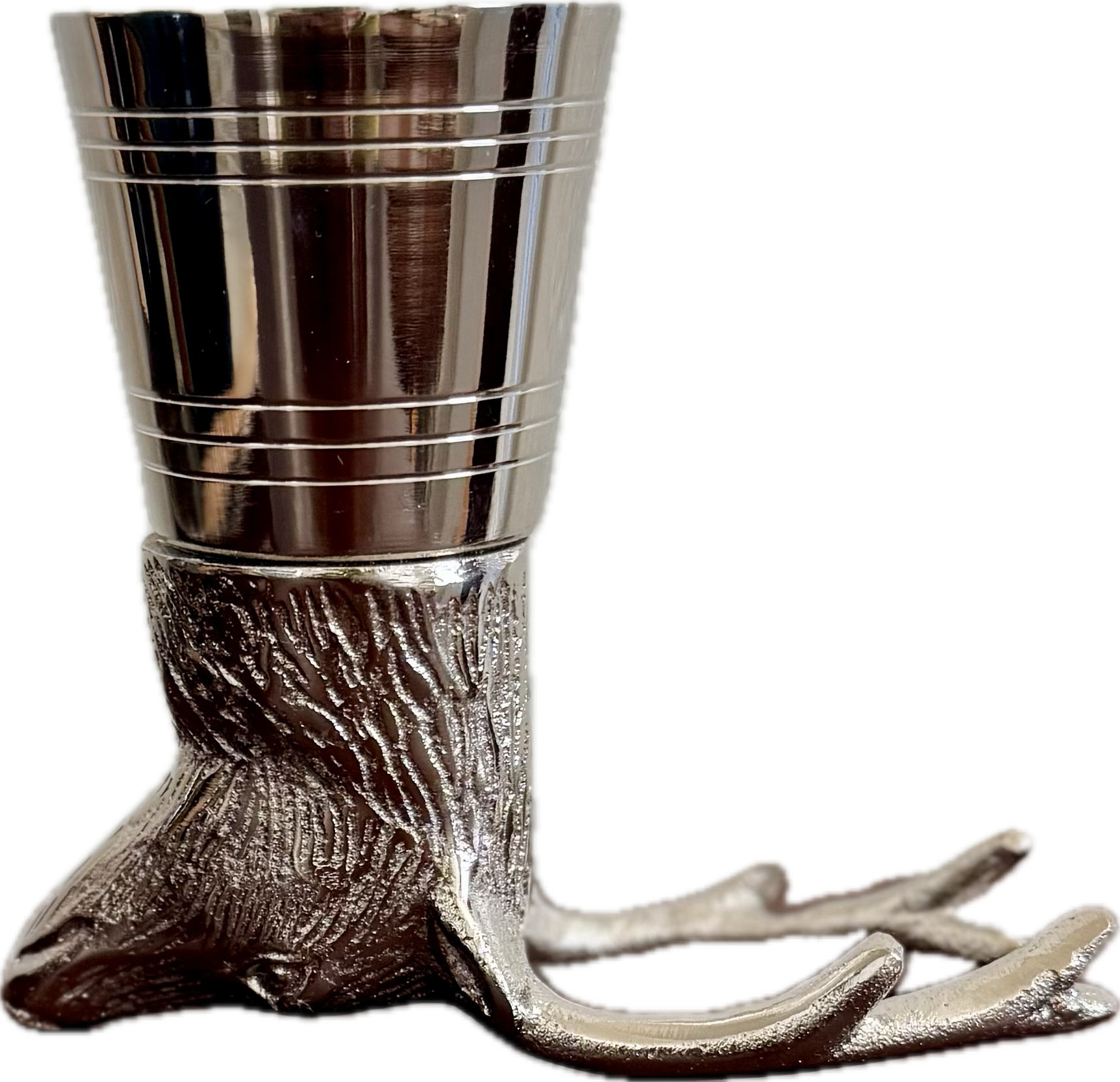 Metallic deer antler cup on a white background