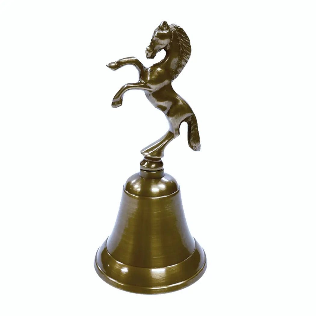 Bronze bell with a horse emblem on a white background