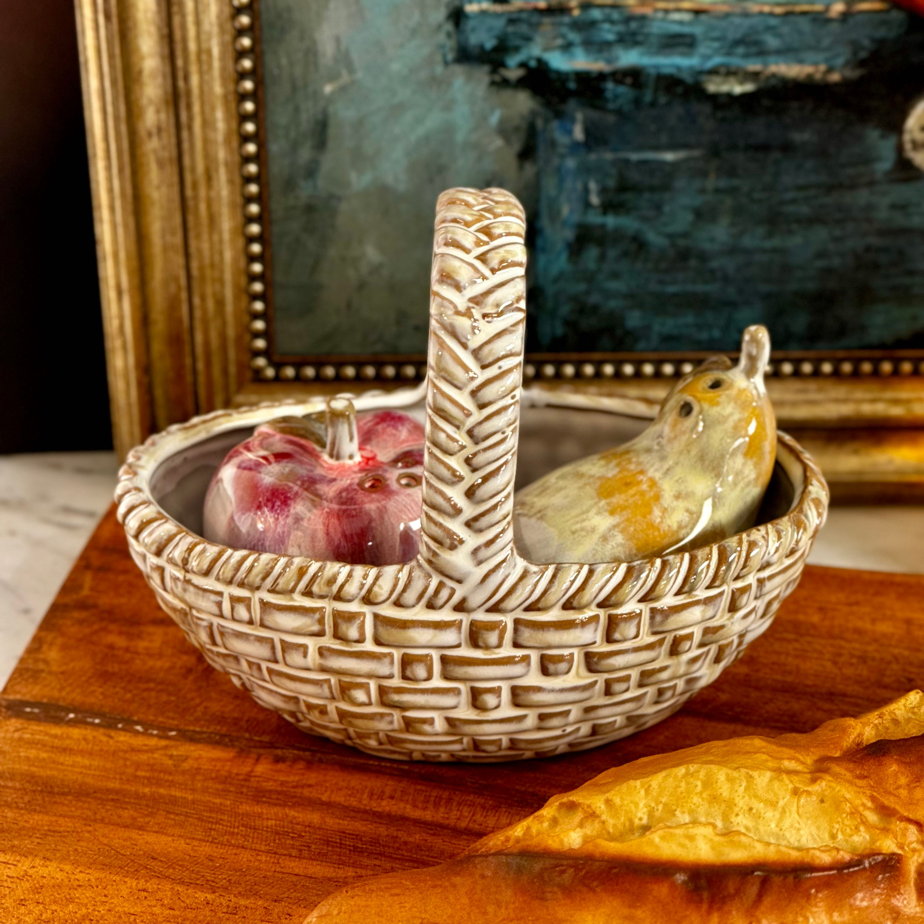 Stoneware Apple & Pear Salt and Pepper Shakers in Basket