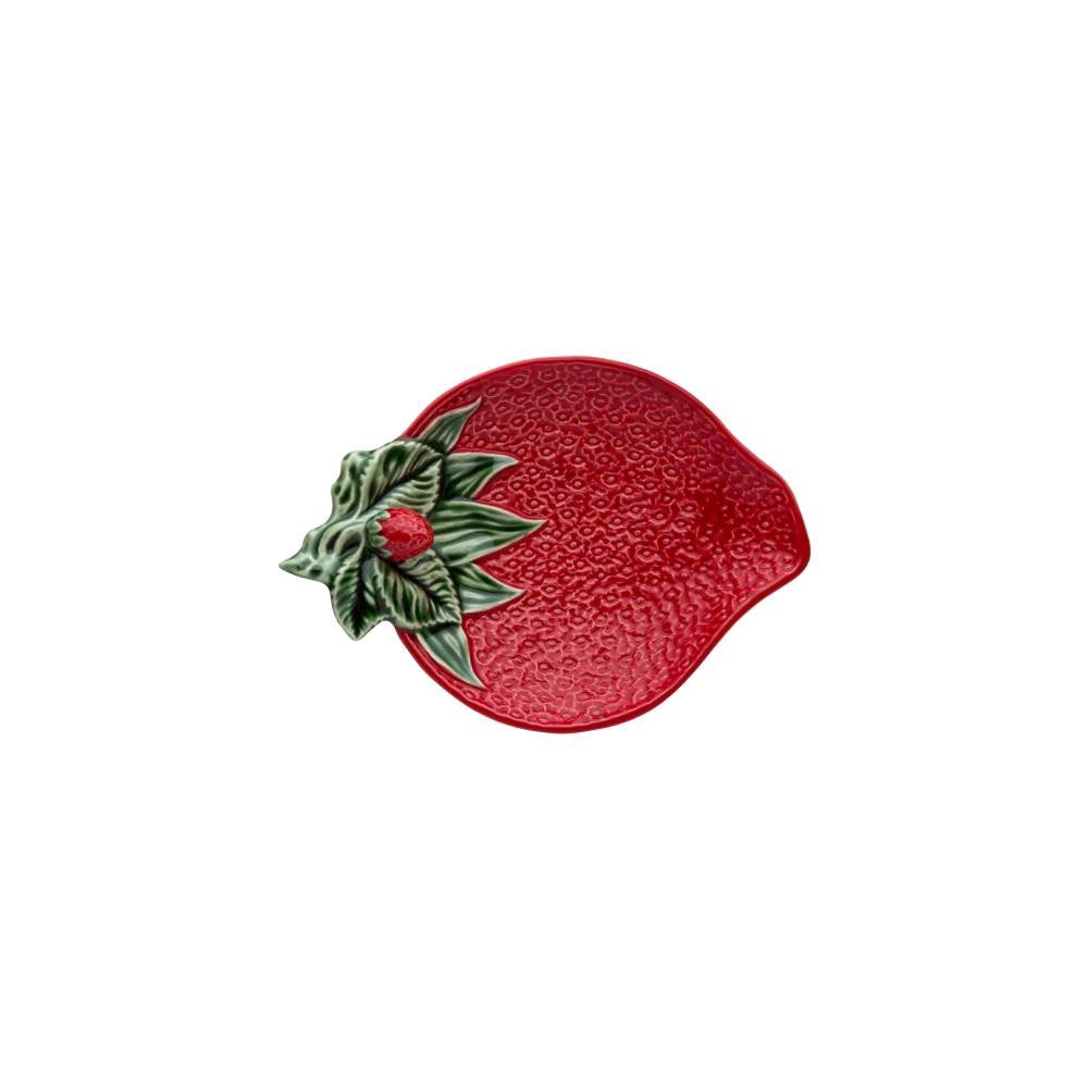 Red ceramic plate with green leaf design on a white background