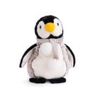 Plush penguin toy with a gray scarf on a white background