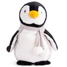 Plush penguin toy with a yellow beak and gray scarf on a white background