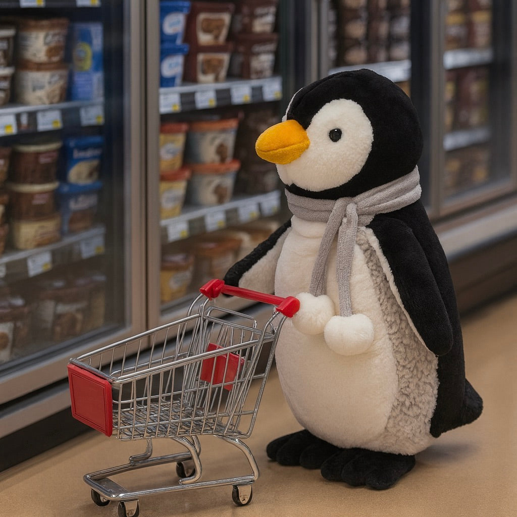 Plush penguin toy with a shopping cart in a grocery store setting