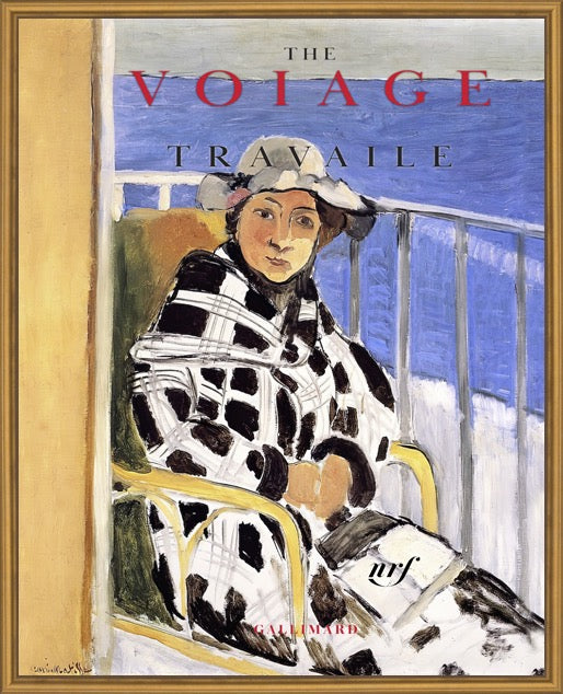 A framed art print featuring a stylized painting of a woman seated in a chair by a railing, with the title text 'THE VOIAGE TRAVAILE' across the top and a gold-toned frame bordering the artwork.