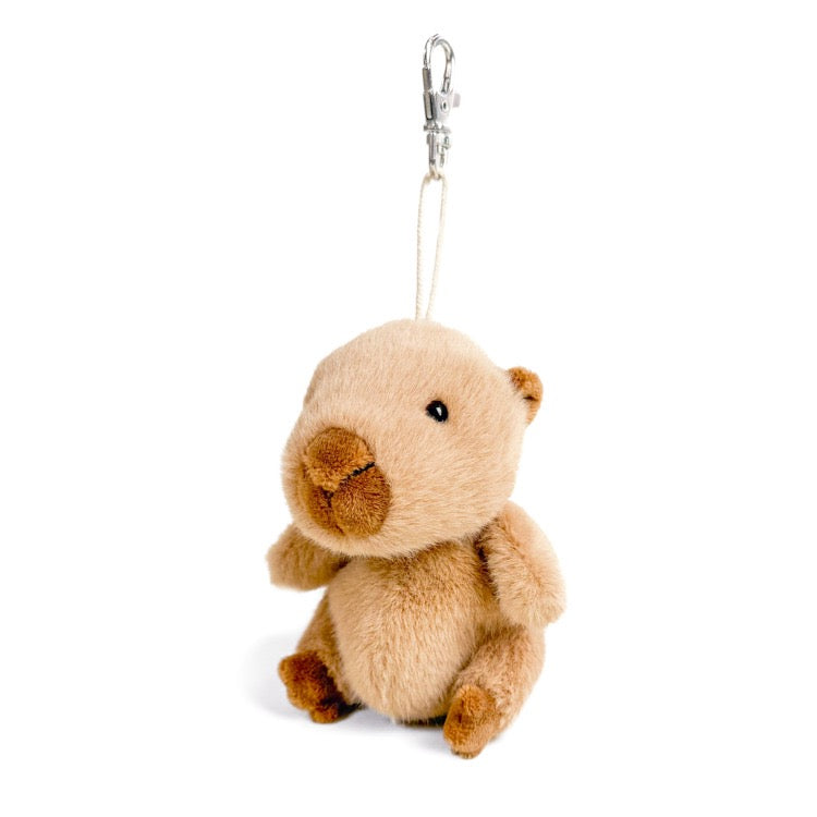 Plush bear keychain with a clip on a white background