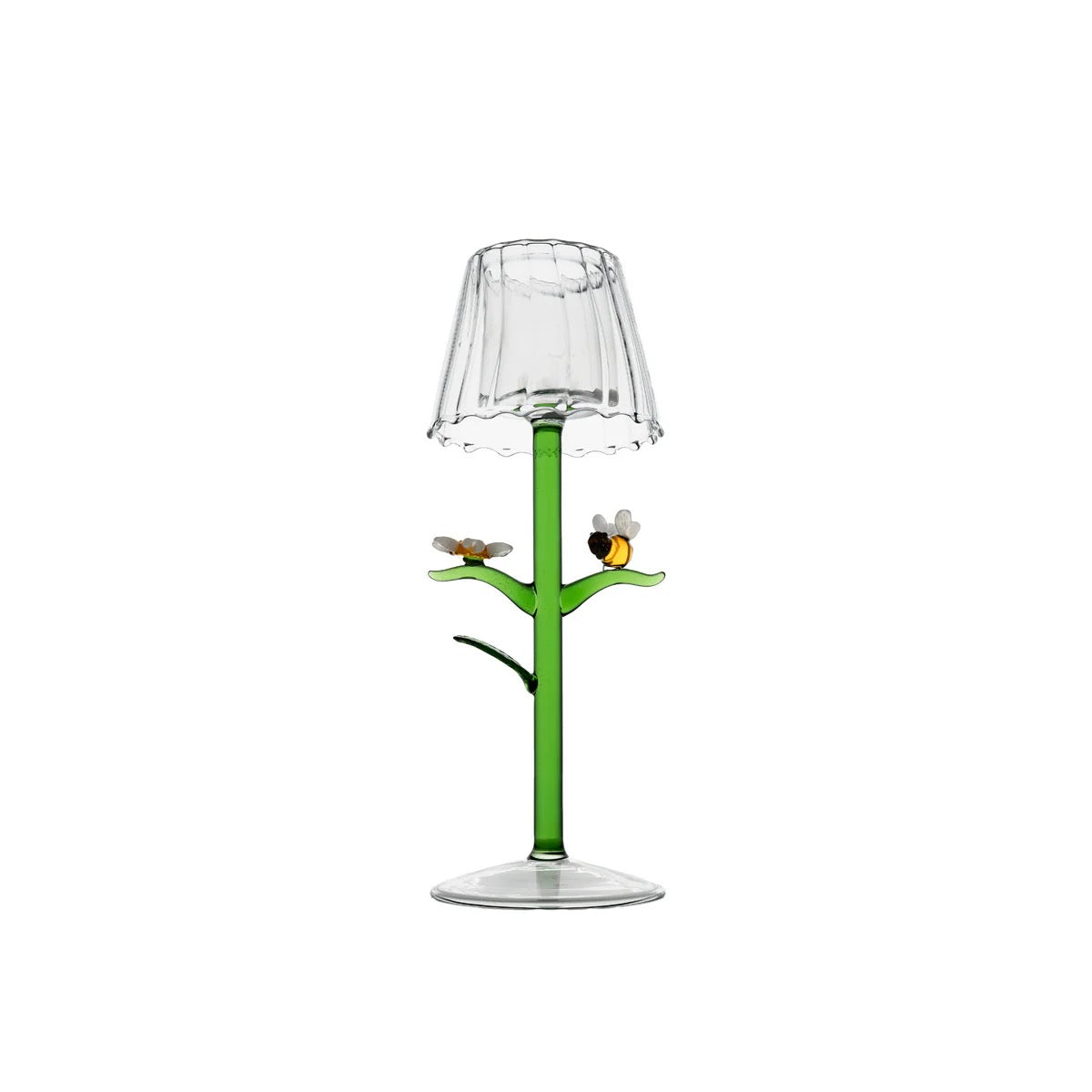 Decorative lamp with a clear shade and green base featuring bird designs on a white background