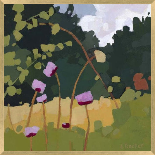 A framed impressionist-style painting depicting green foliage, yellow-green ground, and several pink-purple flowers, with a pale sky in the upper right and a gold-toned frame border.