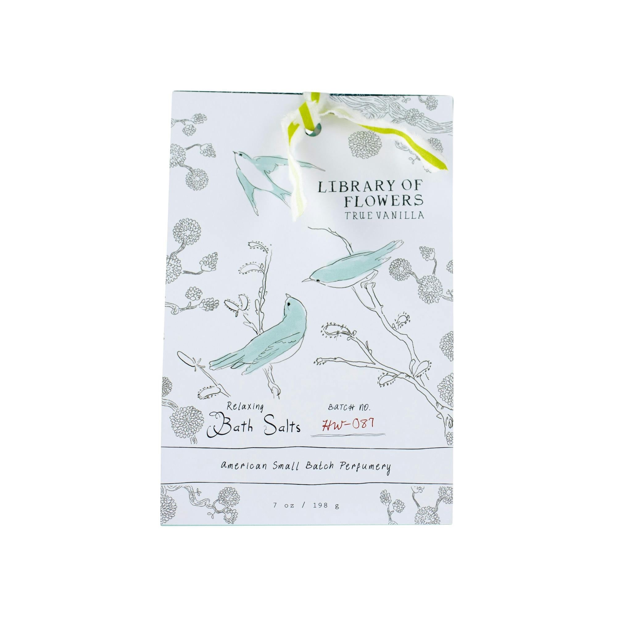 Bath salts packaging with bird illustrations on a white background