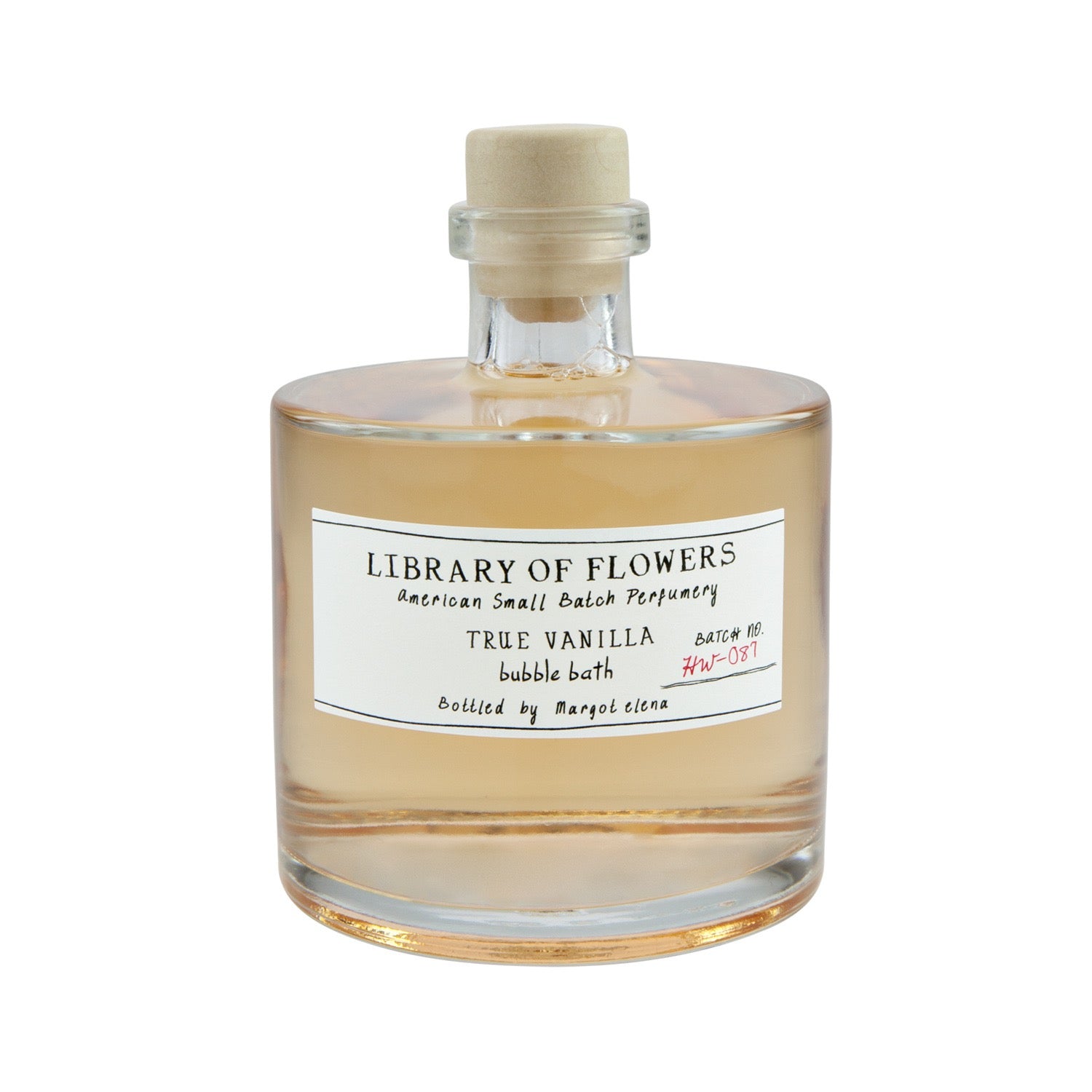 Bottle of 'True Vanilla' bubble bath from 'Library of Flowers' on a white background