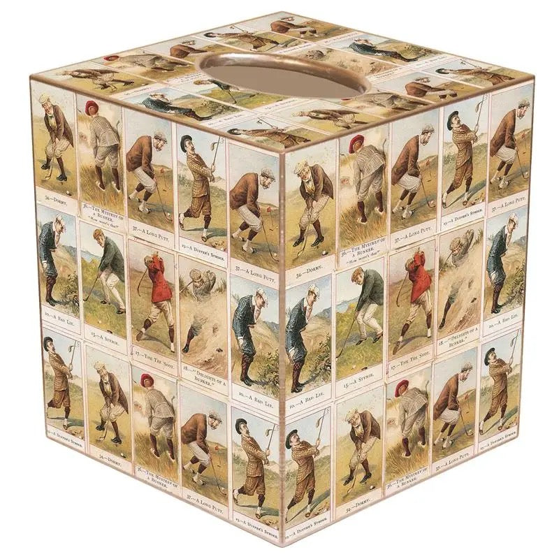 Tissue box cover with vintage-style illustrations of golfers on a white background