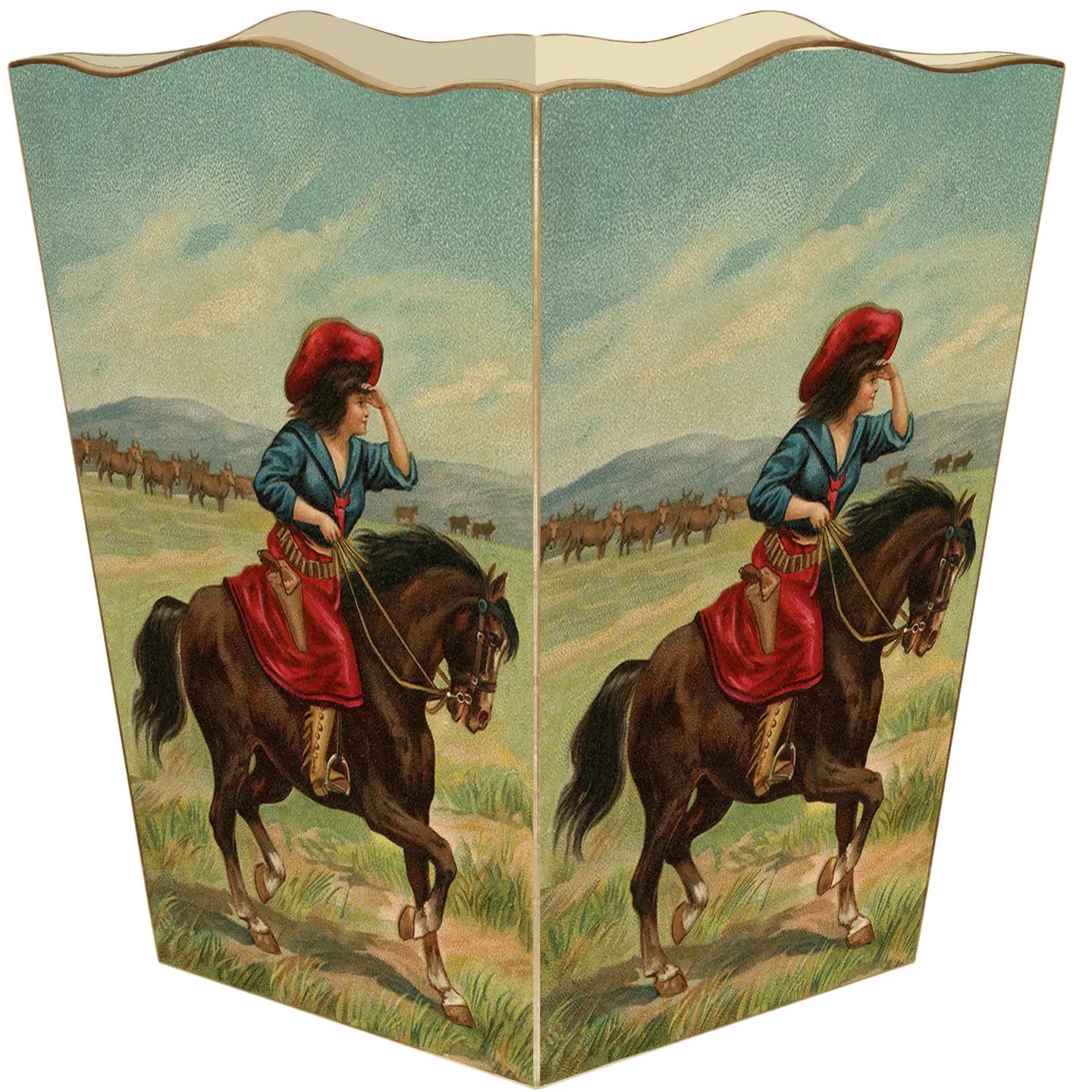 Decorative screen with a cowboy on horseback design, featuring a landscape and mountains.
