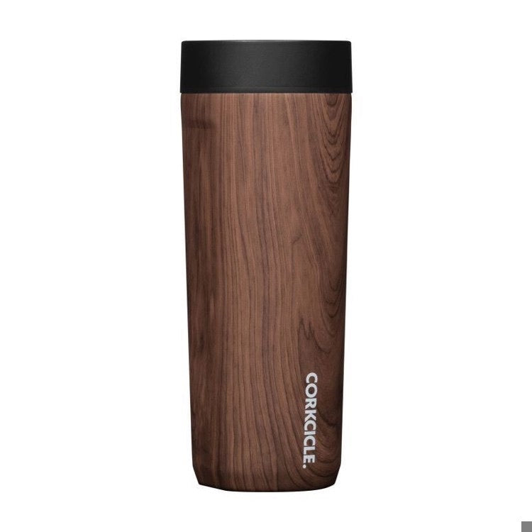 Wood-textured tumbler with black lid on a white background