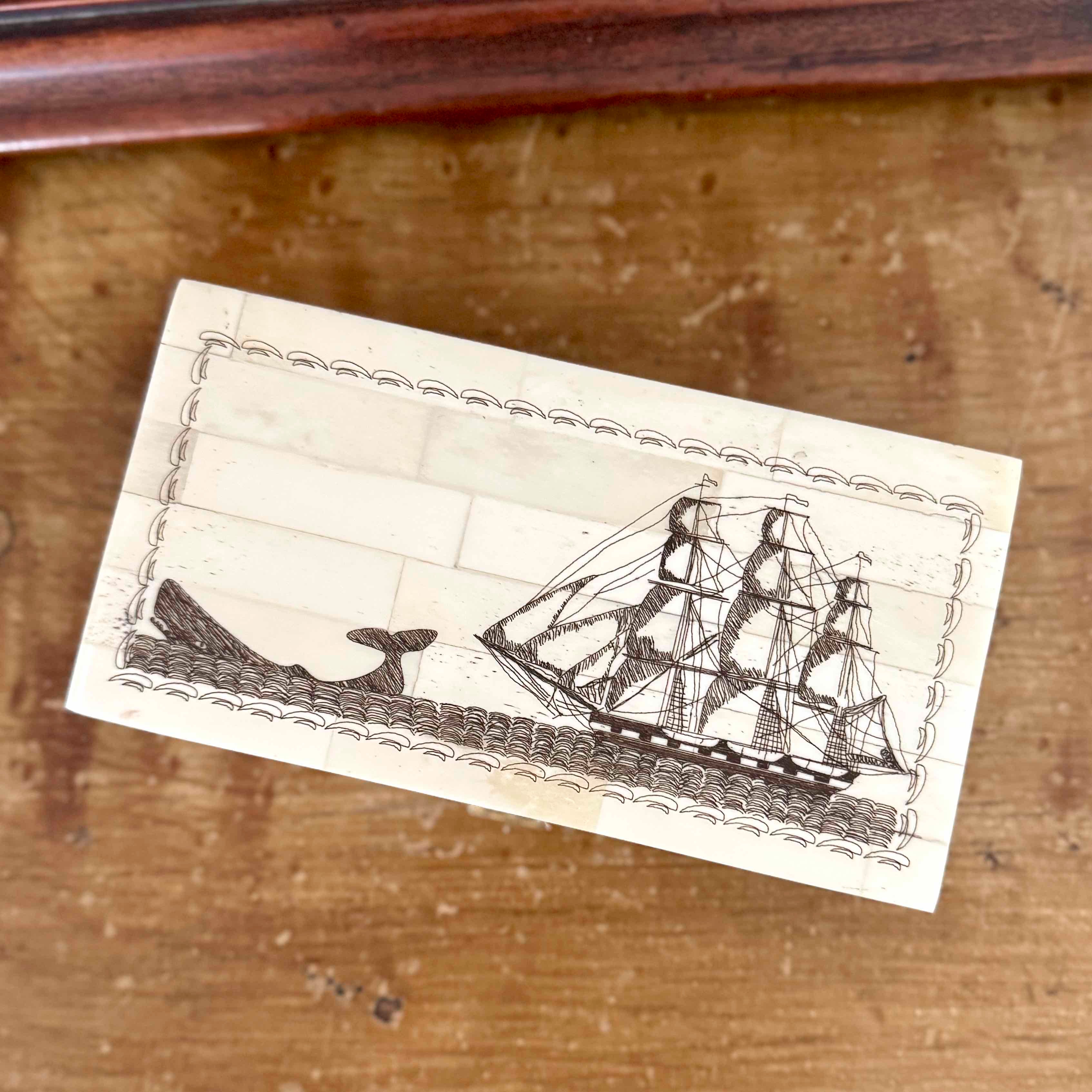 Whale Chase Scrimshaw Bone Box