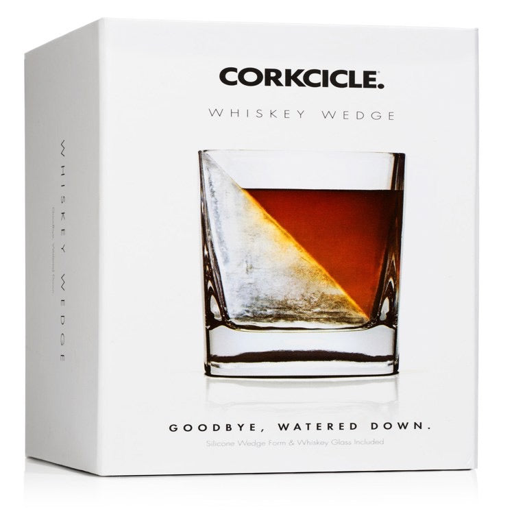Corkcicle whiskey wedge packaging with a glass of whiskey on a white background