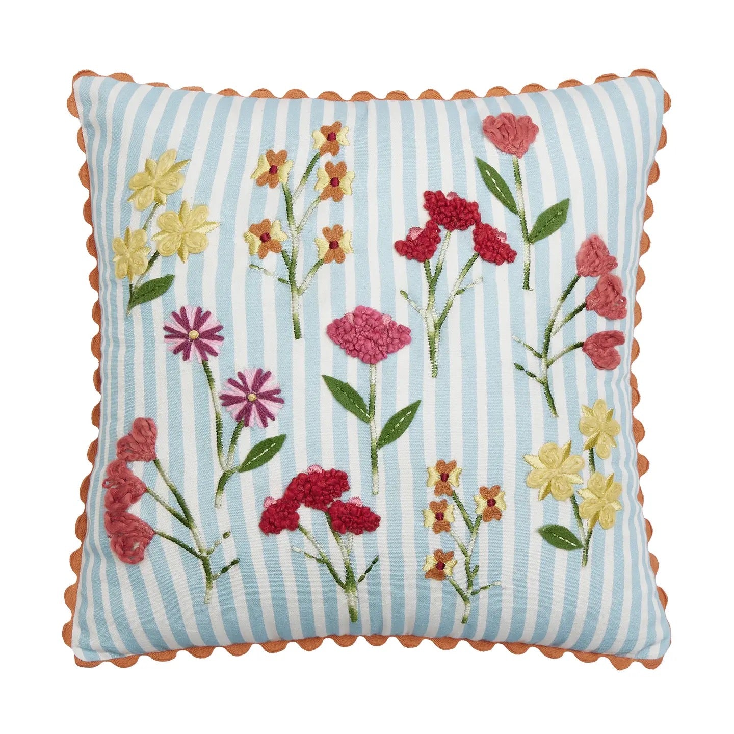 Decorative pillow with floral embroidery on a striped background