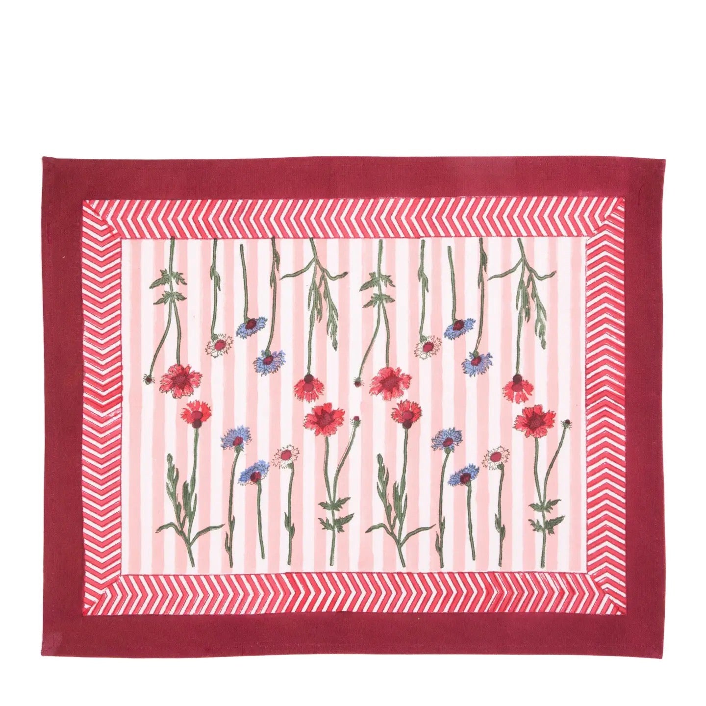 Placemat with floral pattern and red border on a white background