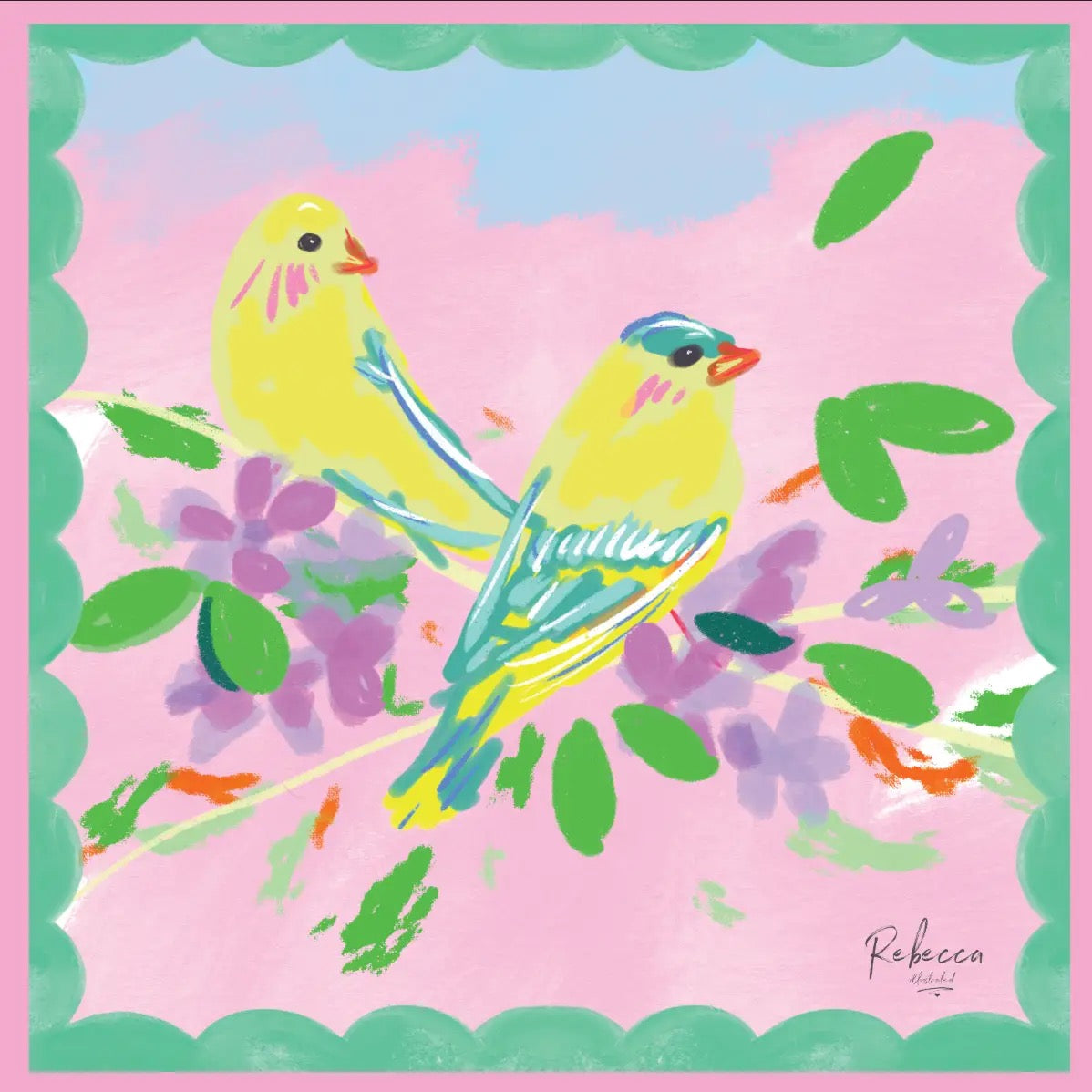 Colorful illustration of two birds on a branch with flowers and leaves on a pink background, signed 'Rebecca'.