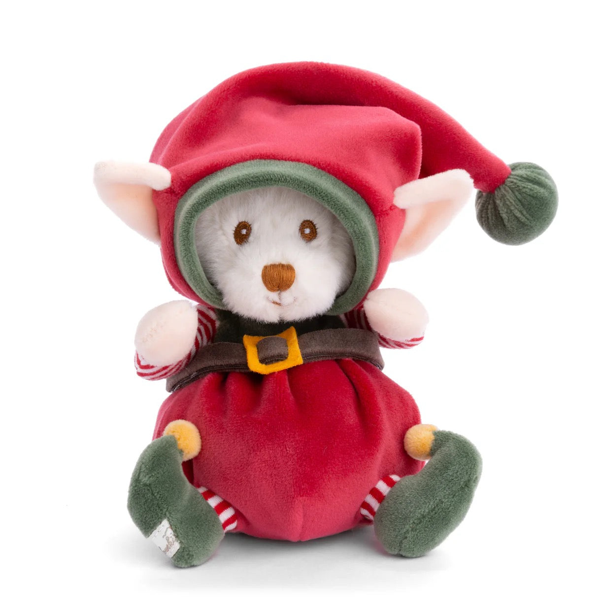 Plush toy resembling a snowman in an elf costume with a red hat and outfit on a white background