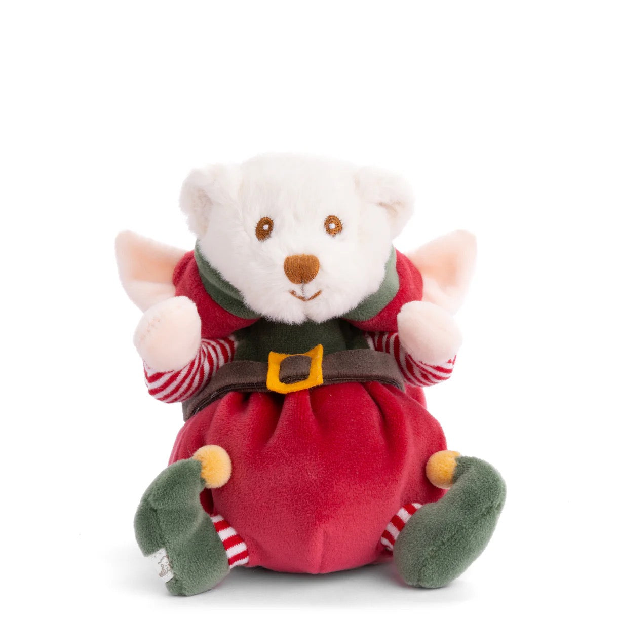 Plush toy bear in elf costume on a white background
