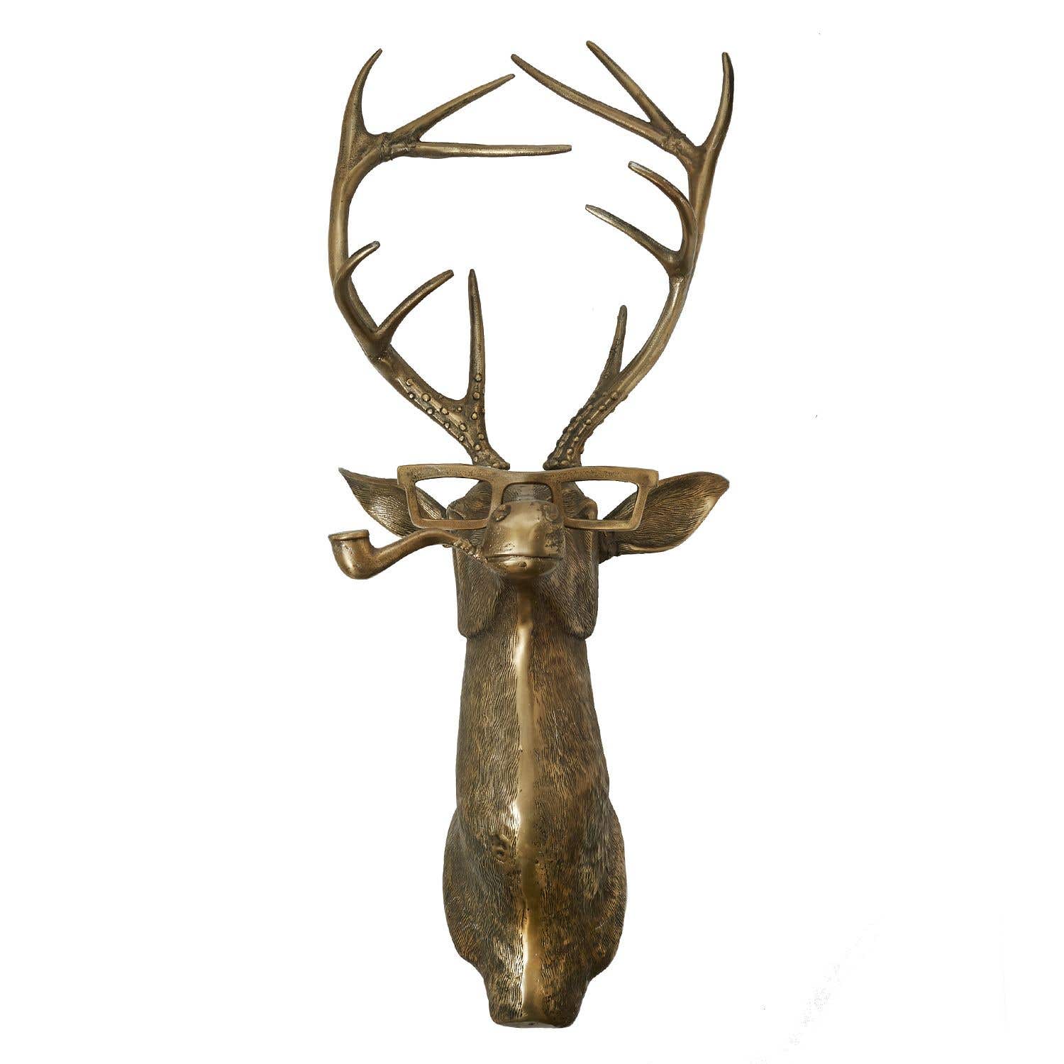 A bronze-colored metal wall mount in the shape of a stag's head with antlers, from the Eric and Eloise Collection.