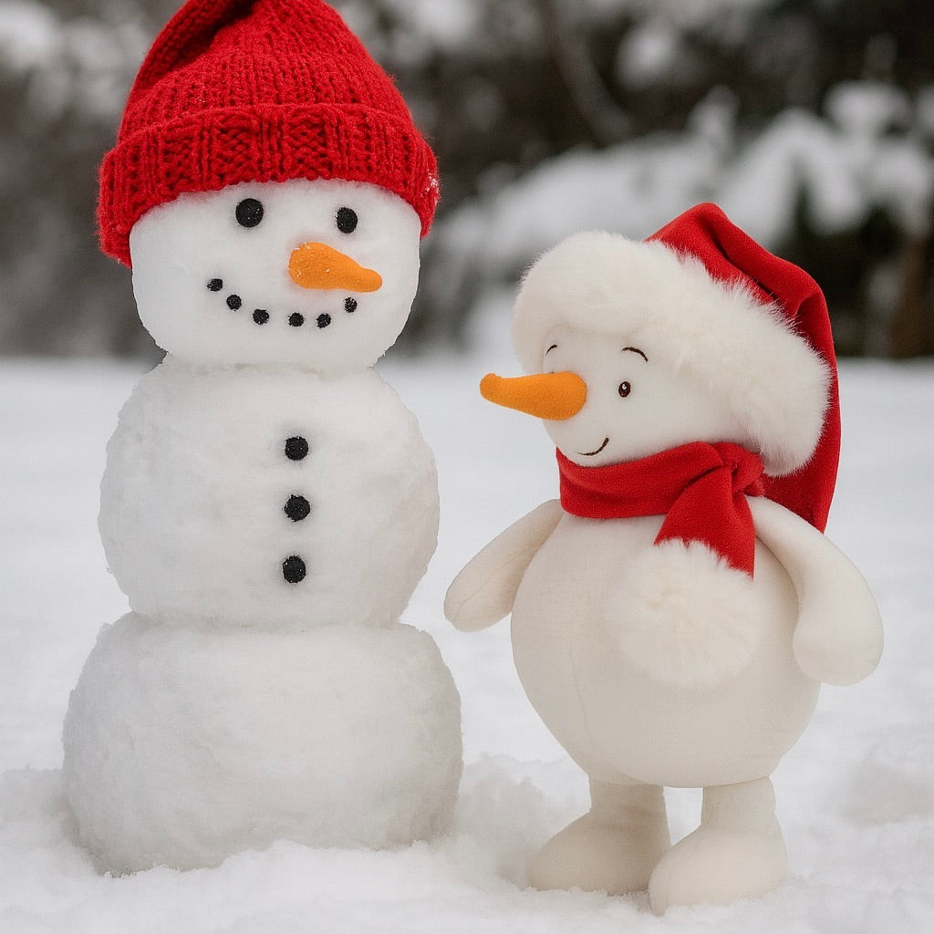 snowman stuffed animal in snow