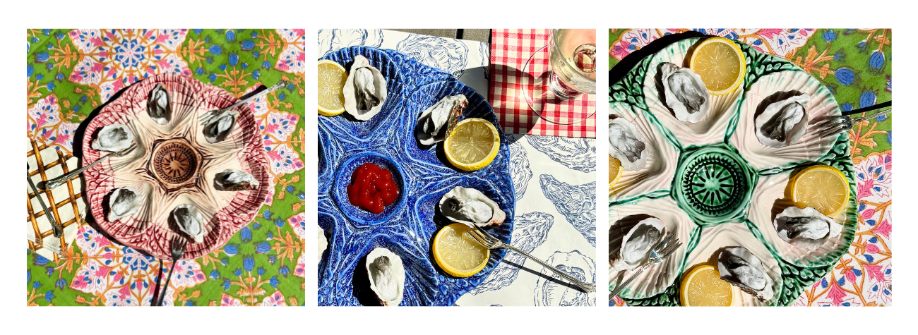 French Quarter Oyster Places in 3 colors, Pink, Blue and Green. Handmade in Portugal and dishwasher safe. Serve from them or hang on the wall. 