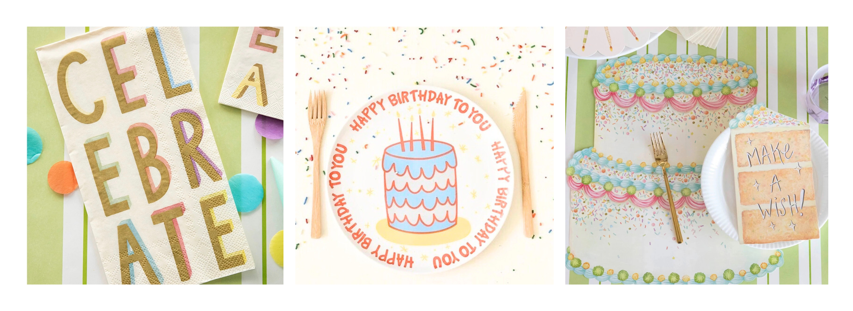 Birthday themed paper dinner napkins with celebrate written on them, melamine birthday plate and birthday cake paper placemat.