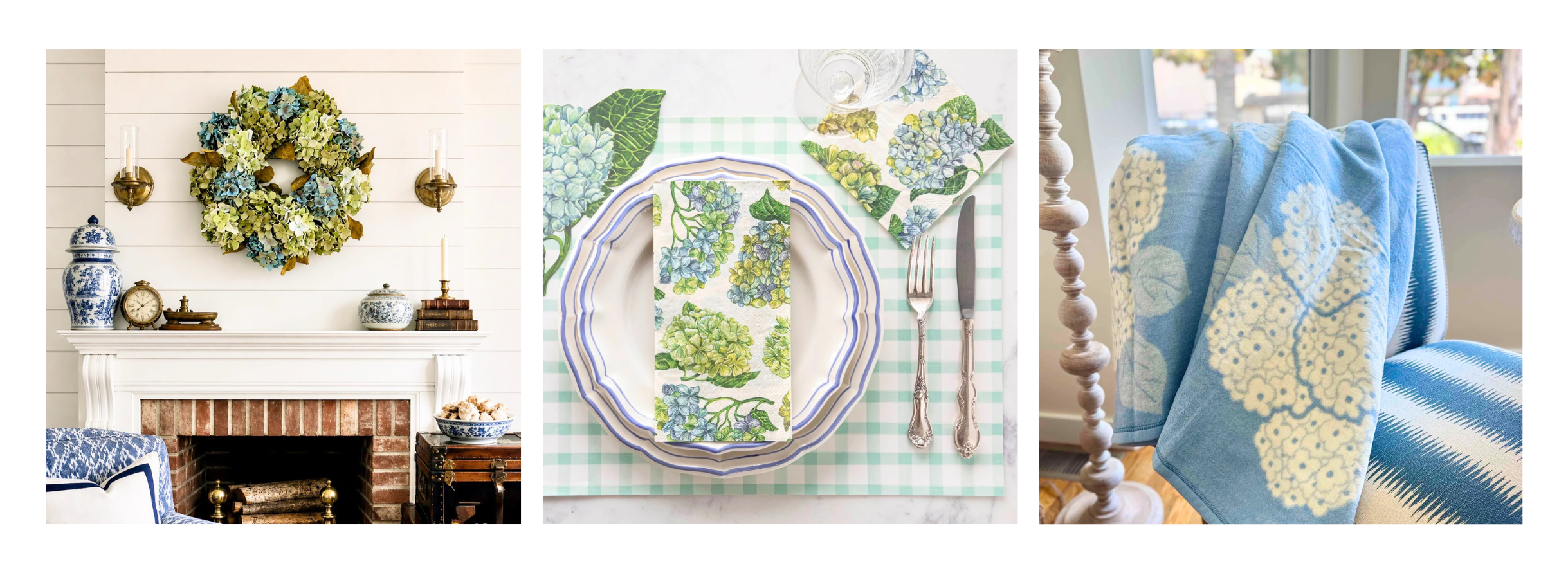 dried faux hydrangea wreath, paper hydrangea printed guest napkins, hydrangea pattern throw blanket.