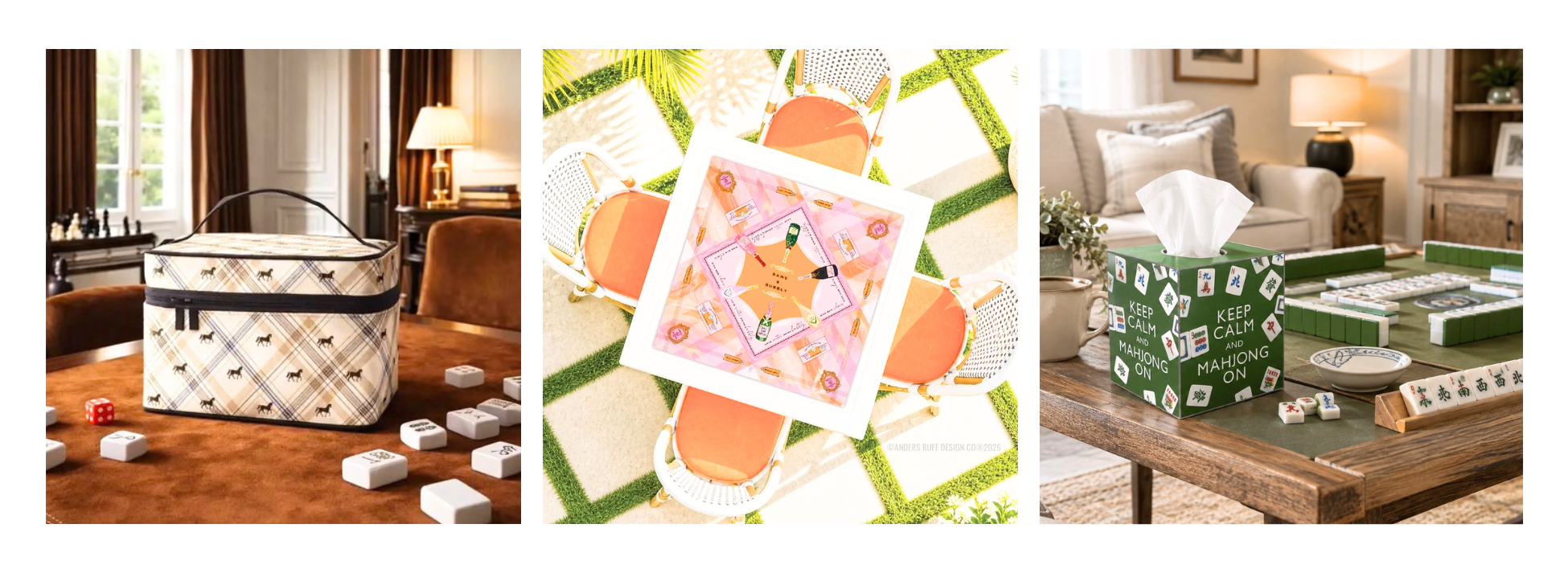 Mahjong totes, mats and Mahjong themed tissue box. 