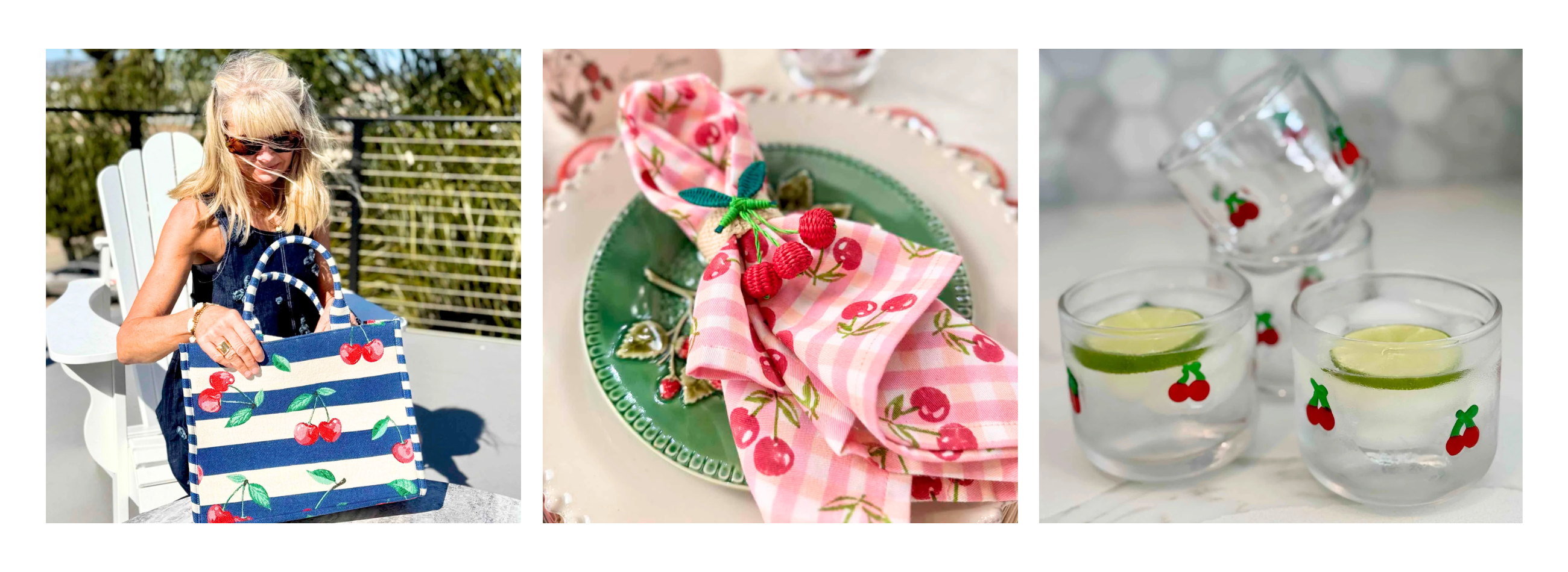 Cherry tote bag, cherry printed dinner napkins and cherry embossed glass drinking glasses. 
