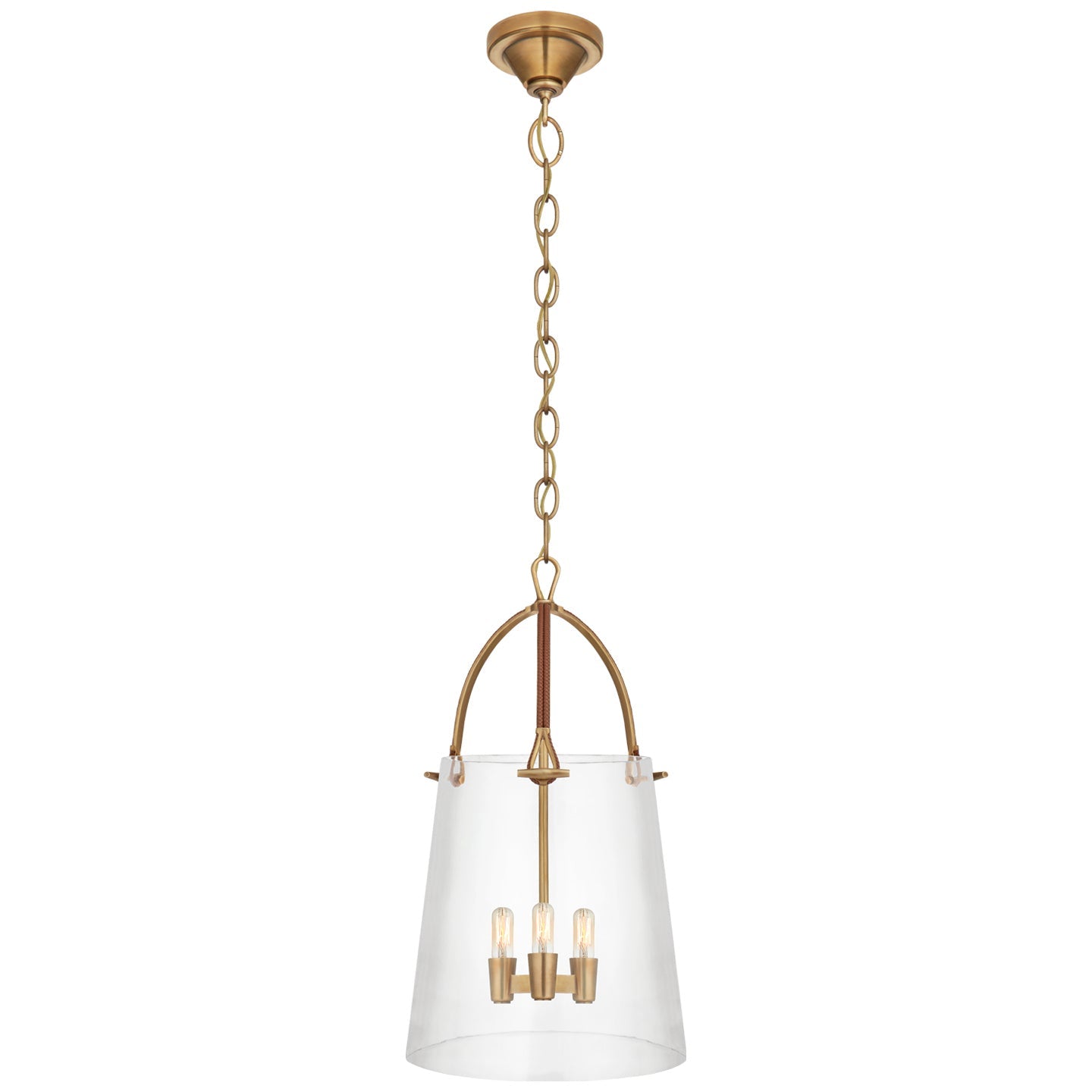 Product photo of the Julian Three Light Lantern in Natural Brass and Saddle Leather ( SKU# RL 5652NB/SDL-CG )