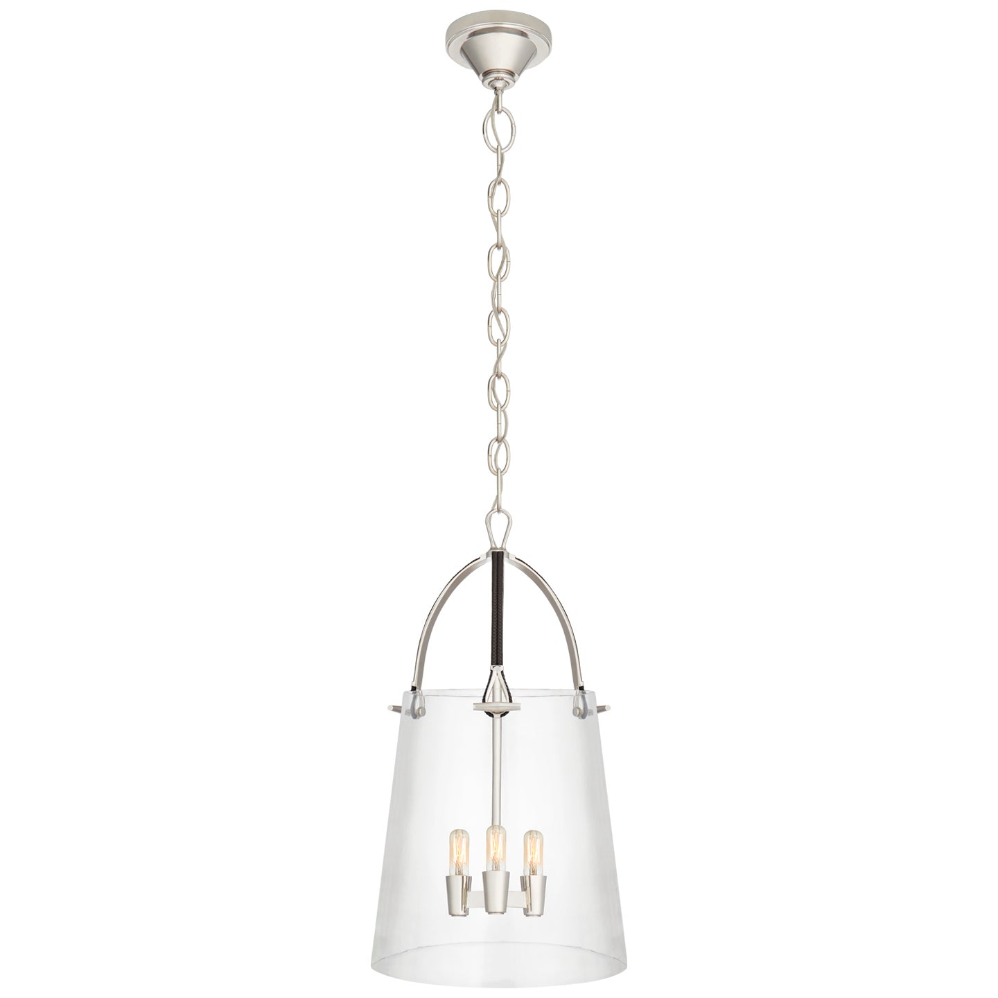 Product photo of the Julian Three Light Lantern in Polished Nickel and Chocolate Leather ( SKU# RL 5652PN/CHC-CG )
