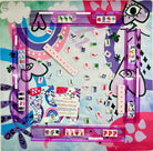A colorful game board featuring a pink translucent playing frame with mahjong-style tiles scattered across it, surrounded by playful abstract illustrations and decorative graphics.