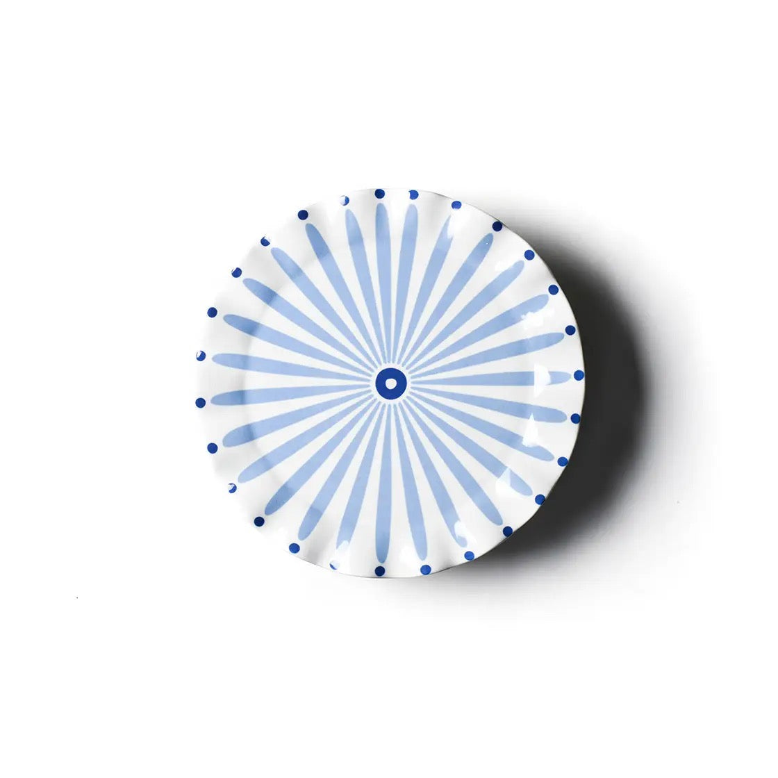Round ceramic plate with blue radial pattern on a white background