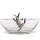 Clear glass bowl with a silver deer head finial on a white background
