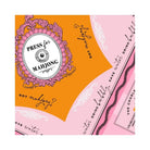 Packaging for Press for Mahjong game with decorative elements on an orange and pink background.