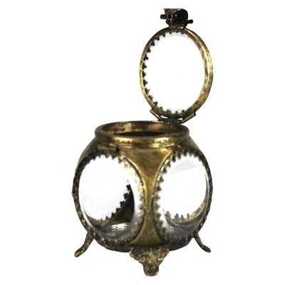 An antique-style brass lantern with an open top dome and three legs, featuring clear glass panels with decorative brass scalloped edges, shown against a plain white background.